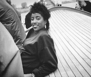 Shirley J in a boat on a canal in Holland