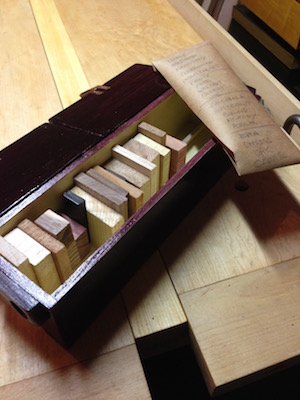 Box of wood samples: maple, pine, oak. ebony, zebrawood, hickory, to name  a few