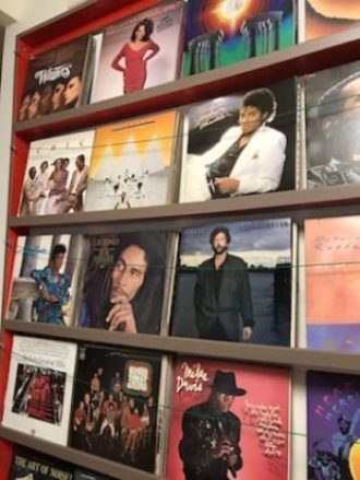 A coral colored rack holding vinyl record albums