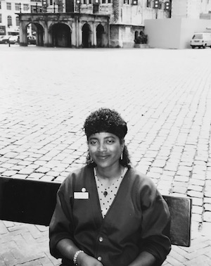 Shirley J sitting in the plaza in Gouda, South Holland