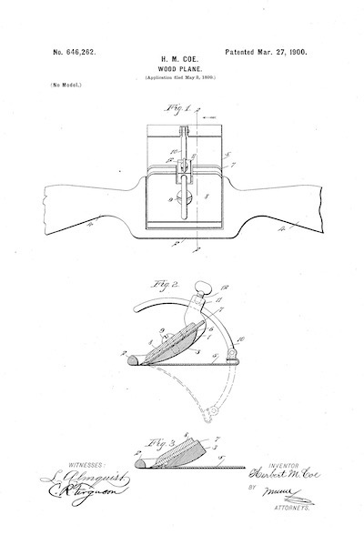 E. C. Stearns Universal Spokeshave Patent 646,262 (1900) submitted by H. Coe to U.S. Patent Office.