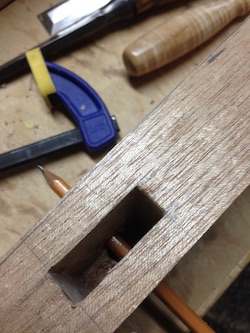 Moxon vice jaws in progress with mortise crossed tested by screw holes with a pencil.