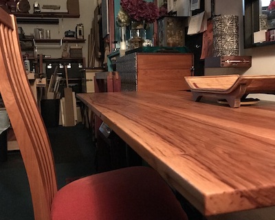 Pecan Desk and slat back chair in the woodshop