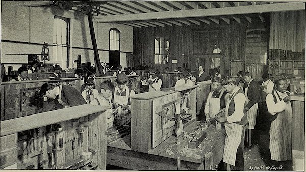 Class of African American men in woodworking at Hampton Institue