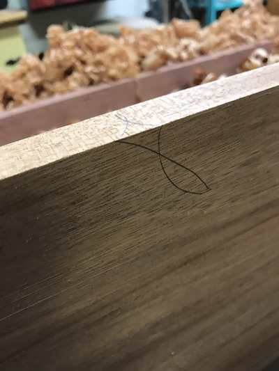 Marked jointed edge and prepped face of mahogany plank for the altar cabinet.