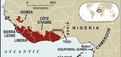 Map of West African coast where forests are endangered.