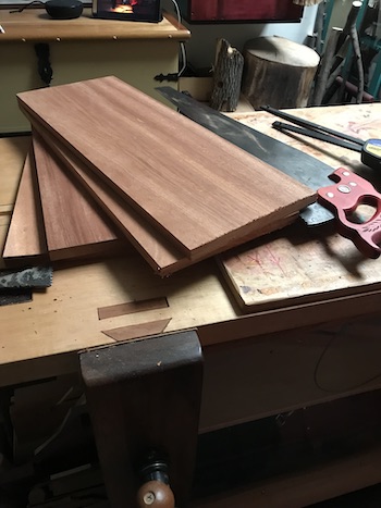 Mahogany boards prepped fir dovetails.