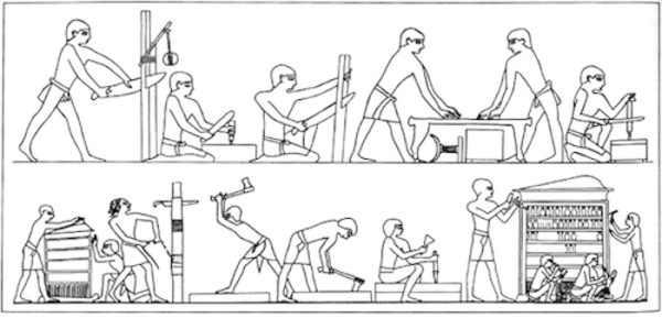 Tomb drawings of workers making wood items including furniture with joinery and cutting tools.