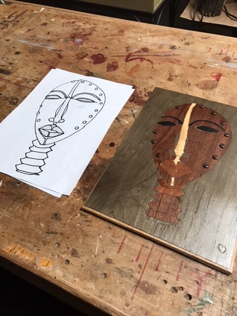 Beginning marquetry cartoon and finished Dan mask image.