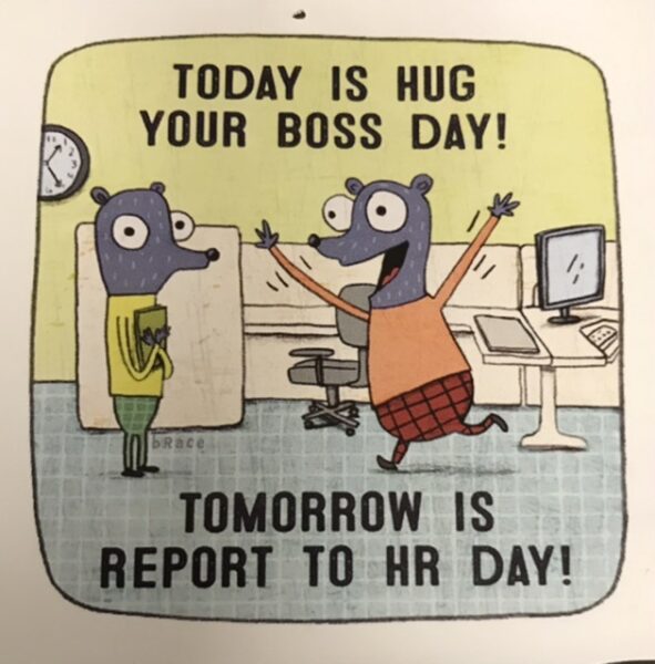 Employee in need of training runs to hug boss.