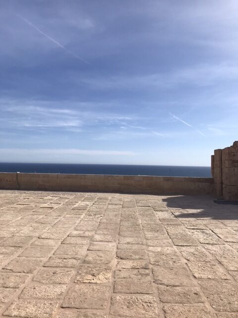 View of Mediterranean Sea from an interior terrace of the Alcazaba complex in Almeria Spain.