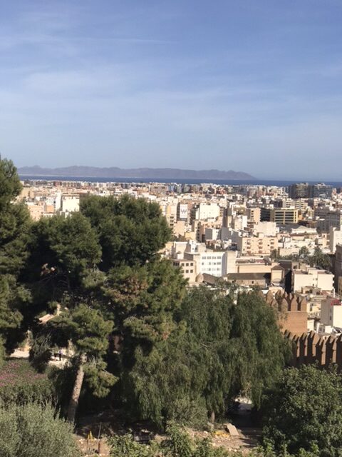 A view overlooking the city of Almeria, Spain out to the Mediterranean Sea.