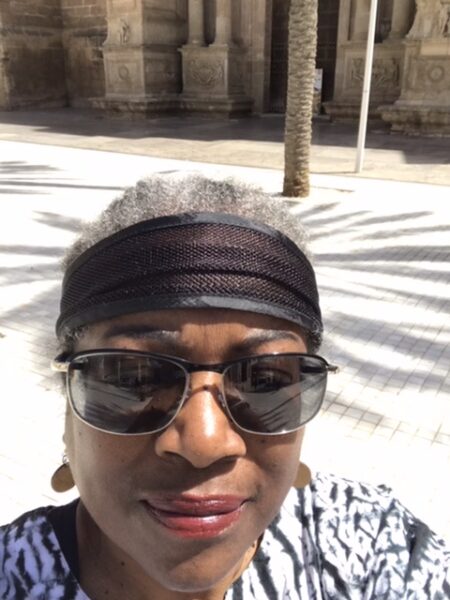 Shirley J in front of Almeria Cathedral.