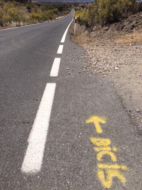A yellow arrow pointing the way for bikers on the camino.