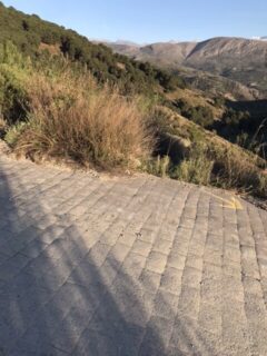 Yellow arrow on a stone paved road.