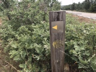 A yellow arrow  head on a wood stack.