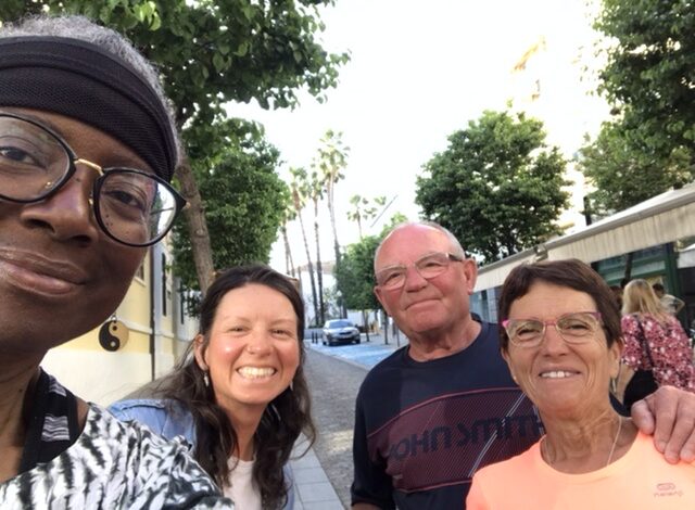 A pilgrim family in Merida, Spain.