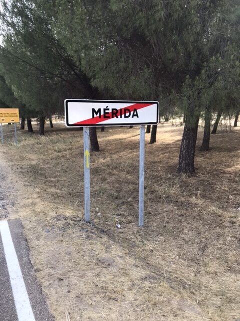 An exit sign for Merida, Spain.