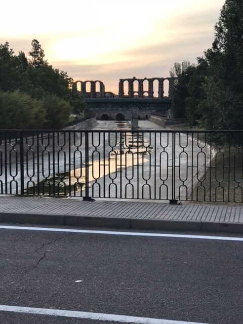 Sunset at the Roman aqueduct and bridge leading out of Merida.
