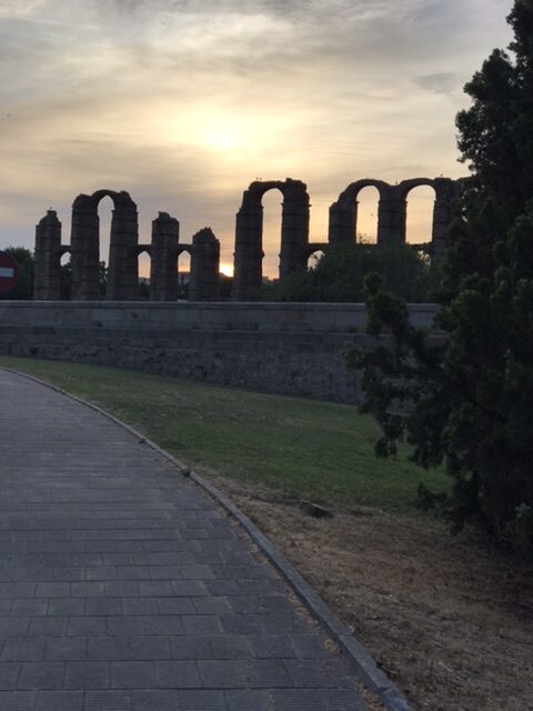 Aqueducto los Milagros at sunrise in Merida, Spain