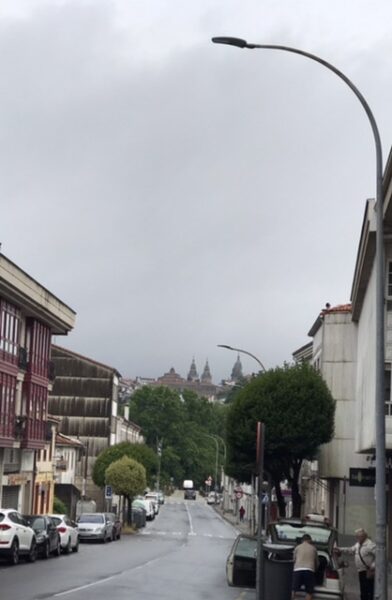 Close view of the cathedral spires at Santiago.