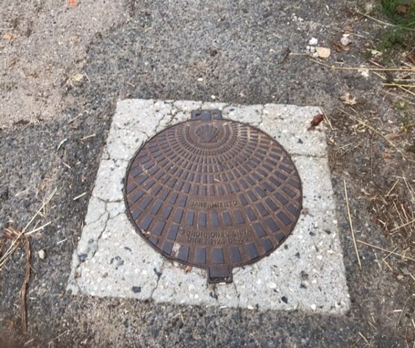 n iron  manhole cover shaped like a shell.