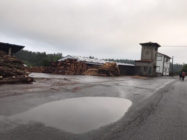 A large puddle at a lumber yard.