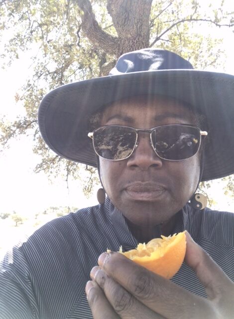 A pilgrim eating an orange on the camino.