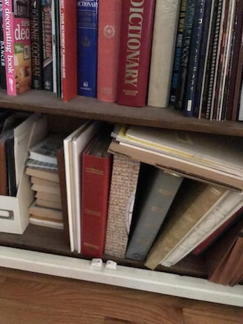 Books on the bottom shelf of a bookcase.