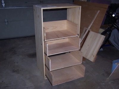 Wall chest drawers during construction.