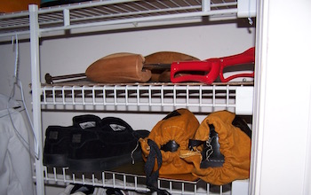 Original wire shelving in a clothes closet.