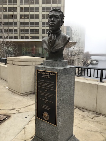 Jean Baptiste Point DuSable monument on the Michigan Avenue bridge over the Chicago River.